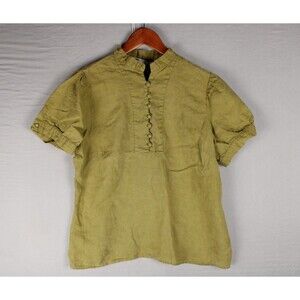 Carole Little Womens Top Green V Neck Linen Shirt Tunic Ruffled Sleeves Button